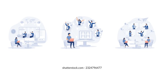 Woman at desktop chatting with friends online, Online Discussion and Video Conference Concept, team thinking and brainstorming, set flat modern vector illustration