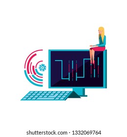 woman and desktop computer with circuit electronic