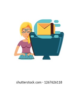 woman with desktop computer and envelope mail