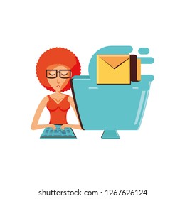woman with desktop computer and envelope mail