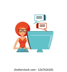 woman with desktop computer and speech bubble