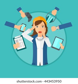 Woman in despair and many hands with gadgets around her. Young woman surrounded with gadgets. Woman using many electronic gadgets. Vector flat design illustration in the circle isolated on background.