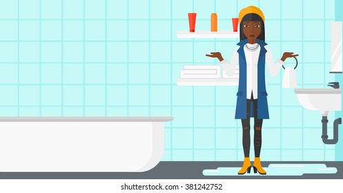 Woman in despair standing near leaking sink.