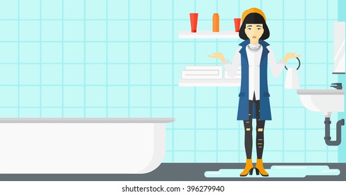 Woman in despair standing near leaking sink.