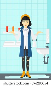 Woman in despair standing near leaking sink.
