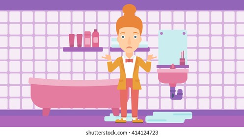 Woman in despair standing near leaking sink.