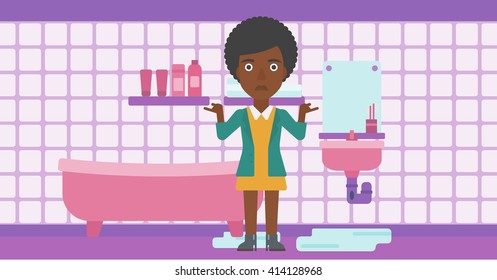 Woman in despair standing near leaking sink.