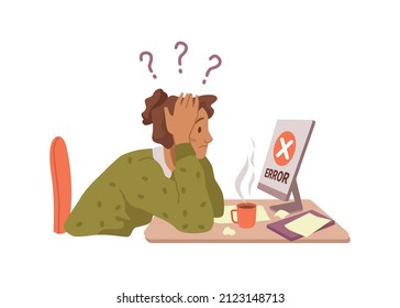 Woman in despair stressed by malfunctioning of personal computer at work. Vector worker worried about project completion, confused and nervous female with question marks. Flat cartoon character