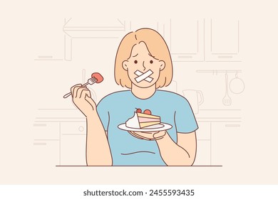 Woman with dessert in hands, suffering because of ban on eating sweet foods, sits with mouth taped in kitchen. Frightened girl took bite of dessert and tasted allergy-causing ingredient.