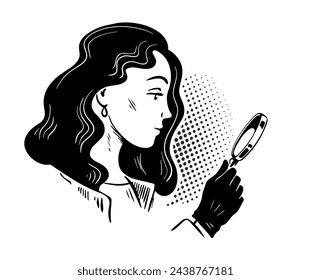 Woman detective with a magnifying glass in his hand. Investigation and search for evidence. Vector sketch illustration. Black and white sketch