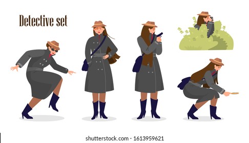 Woman Detective Set. Character Design. Woman Spy In Trench Coat And Hat Sneaks, Standing, Lurks With Gun, Looking For Evidences Wth Loupe, Making Photos From The Ambush. Flat Vector Illustration. 