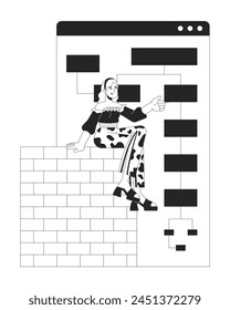 Mujer desarrollador Sitio web de construcción alambre blanco y negro 2D línea de dibujos animados personaje. Mujer diseñadora de Web trabajando aislado contorno de Vector persona. Ilustración monocromática de la mancha plana de la estructura de página web