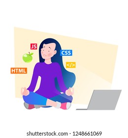 Woman developer meditating in lotus pose. Office yoga. Concept of meditation and relaxation. Vector illustration in modern flat style isolated on white background.