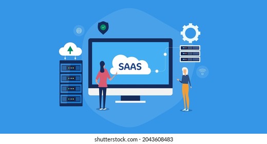 Woman developing saas application for internet, Software as a service concept, cloud app hosting - vector illustration with icons