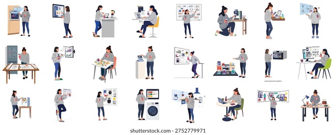 Woman developing smart home technology, designing user interfaces, and analyzing data for innovative appliance control and interconnected living solutions.