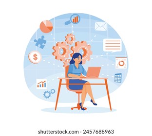 Woman developing software on laptop. Develop company business strategy. Business Intelligence concept. Flat vector illustration.