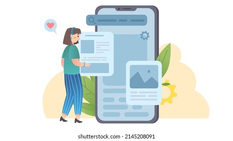 Woman Developing User Interface For Application On Large Smartphone. Mobile App Development Process. Vector Illustration. 