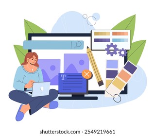 Mujer desarrollando Sitio web. Muchacha joven con el ordenador portátil desarrolla el diseño de ui y ux para la página del Web. Desarrollo de páginas web y experimentos de usuario. Ilustración vectorial plana aislada sobre fondo blanco