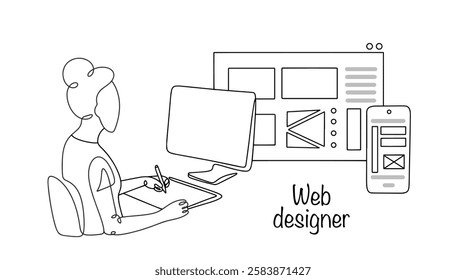 A woman develops the appearance and interface of websites. She creates an attractive and functional design that is user-friendly and fits the purpose of the site. Web designer job.