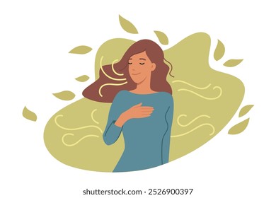 Woman develops mindfulness through meditation in park and enjoying fresh air produced by plants. Girl meditates with eyes closed to increase mindfulness and achieve success in personal life.