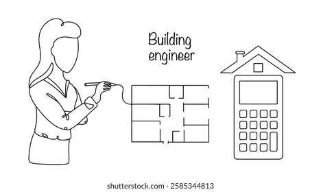 A woman develops a project for a future structure, makes strength calculations, and prepares recommendations on the specifics of construction. The work of a civil engineer. Vector illustration.