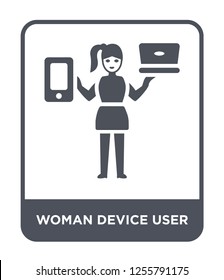 woman device user icon vector on white background, woman device user trendy filled icons from Ladies collection, woman device user simple element illustration
