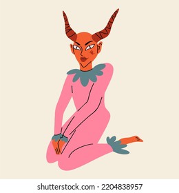 Woman devil in full growth, in a pink vintage costume. Vector clipart for Halloween. Red Devil. Fashion print in funky doodle style.