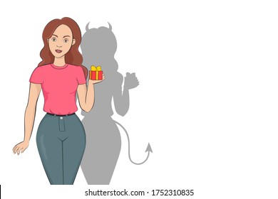 Woman with devil shadow. Vector illustration.