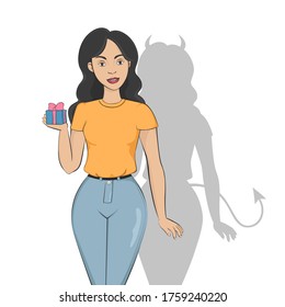 Woman with devil shadow. Vector illustration.