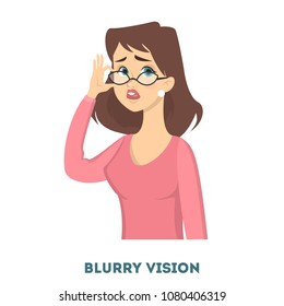 Woman Diabetes Symptoms. Woman With Blurry Vision.