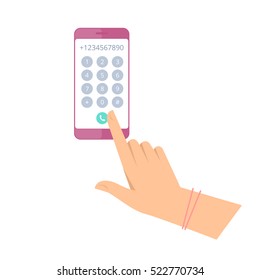 Woman Is Dialing Number On The Phone. Flat Vector Concept Illustration Of Female Hand And Smartphone. Businesswoman Touching Buttons With Numbers On The Mobile Phone Screen To Make A Phone Call.