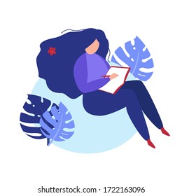 Woman diary. Student studying with book. Girl write journal. Female character draws in paper notebook. Vector illustration