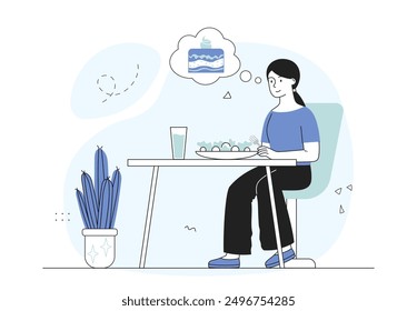 Mujer con dieta. Niña se sienta en la mesa cerca de la ensalada y el agua. Alimentación fresca y saludable con vitaminas. Vegetariano con una dieta y nutrición adecuadas. Ilustración vectorial lineal aislada sobre fondo blanco