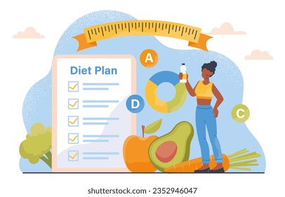 Woman with diet plan checklist concept. Young girl with fruits and vegetables. Healthy lifestyle and eating. Balanced and proper nutrition with vitamins. Cartoon flat vector illustration