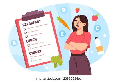 Mujer con el concepto de plan de dieta. Jovencita con un billete cerca de verduras. Nutrición adecuada y alimentación saludable con vitaminas. Dibujo vectorial plano de dibujos animados aislado en fondo blanco