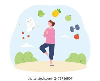 Woman diet plan. Girl planning healthy food fit nutrition for body weight balance eating schedule, dieting women yoga exercise good habit concept vector illustration of food diet girl