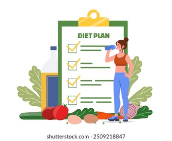 Mujer con plan de dieta. Niña bebe agua cerca de la libreta y verduras. Alimentación saludable y alimentos con vitaminas. Productos naturales y orgánicos frescos. Una nutrición adecuada. Ilustración vectorial plana