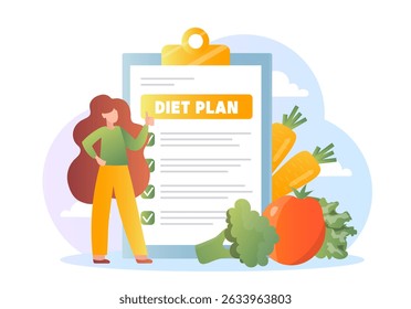 Woman with diet plan. Young girl near carrots, tomatoes and broccoli. Healthy eating and nutrition, proper diet. Dietician with clipboard. Flat vector illustration