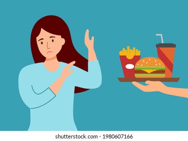 Woman Dieting And Refuse Junk Food In Flat Design. Stop Eating Unhealthy Or Fast Food For Good Health.