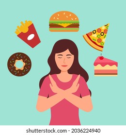 Woman dieting refuse junk food and sweet dessert in flat design. Stop eating unhealthy or fast food for good health.