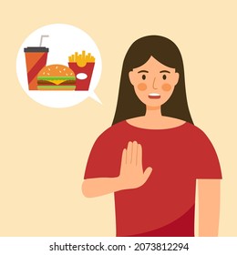 Woman dieting and refuse junk food in flat design. Stop eating unhealthy or fast food for good health.