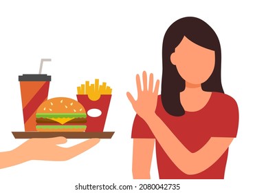 Woman dieting and refuse junk food in flat design. Stop eating unhealthy or fast food for good health.