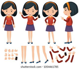 Woman with different actions of hands and legs illustration