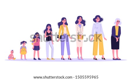 Woman in different age. From child to old person. Teenager, adult and baby generation. Aging process. Isolated vector illustration in cartoon style