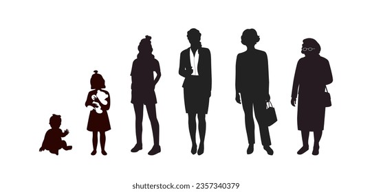 Woman of different ages in silhouettes. Life cycle. Human growth concept vector illustration.