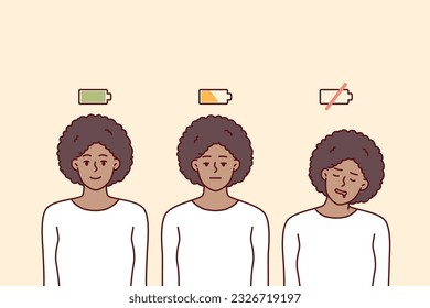 Woman with different battery levels for concept of difference between human mental state and need for recuperation. African american woman before and after work that causes fatigue and takes energy