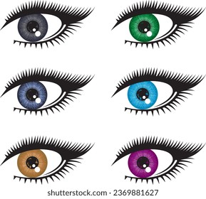 Woman with different color of eyes. Different colorful contact lenses