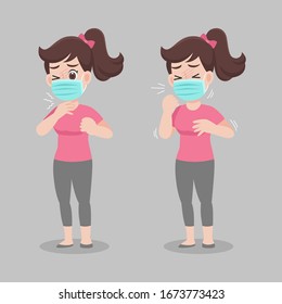 Woman with different diseases symptoms - fever, cough, snot. wearing a surgical protective Medical mask for prevent virus Wuhan Covid-19.Corona virus. Health care concept.