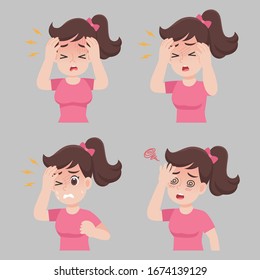 Woman with different diseases symptoms - Headache, fever, dizziness, Health care concept.