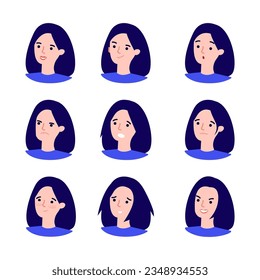 Woman with different emotional states vector illustrations set. Girl with different facial expressions, sadness, happiness, anger, confusion, surprise. Emotions, psychology, mental health concept